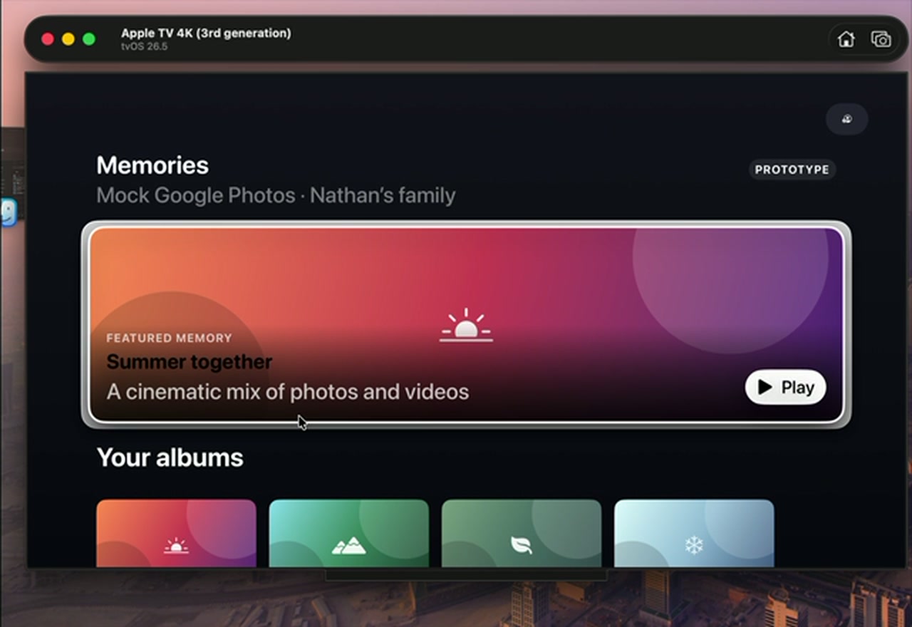 PhotoDeck prototype showing a featured slideshow and photo albums on Apple TV